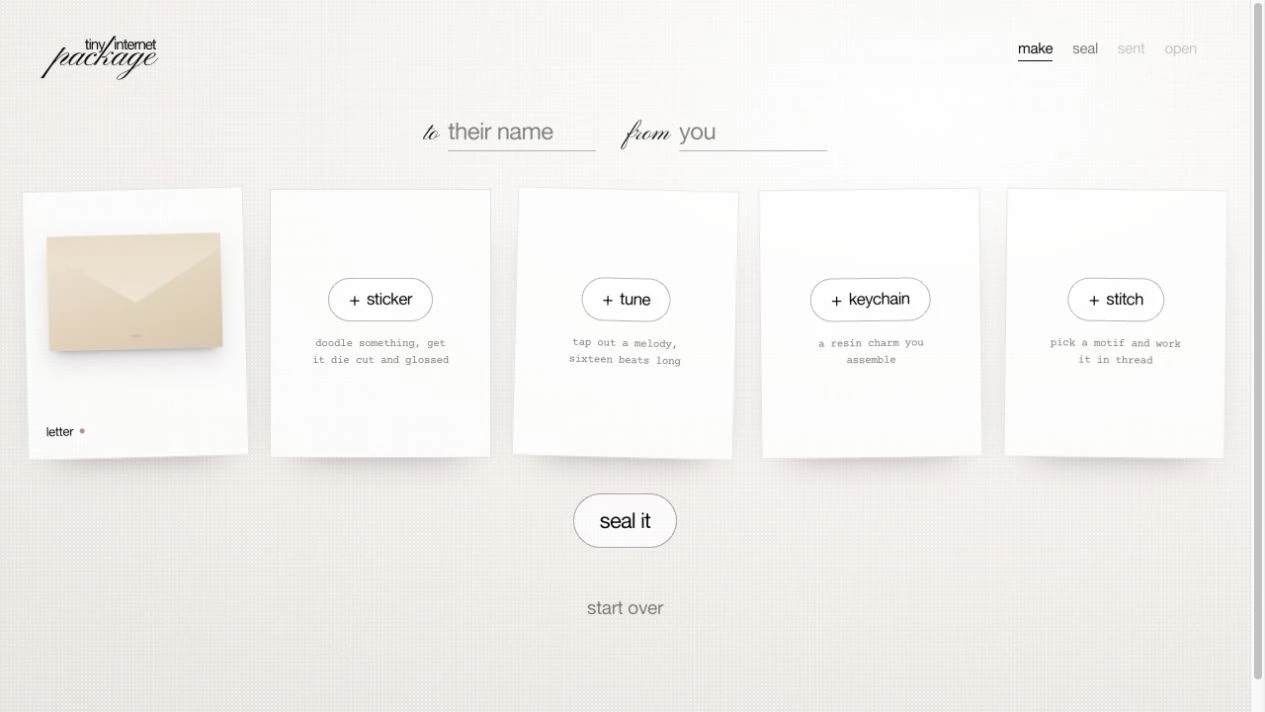 tiny internet package maker with a completed sample letter and sticker, tune, keychain and stitch tiles still unmade