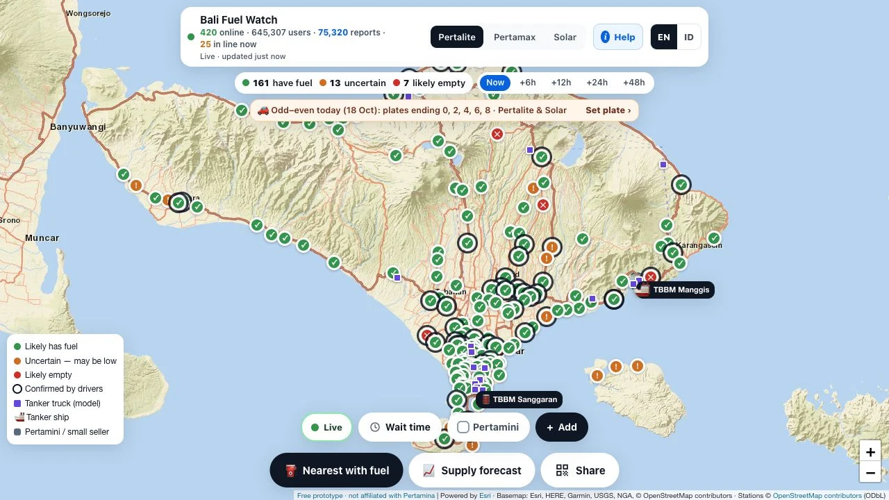 Bali Fuel Watch map with fuel selectors and availability legend