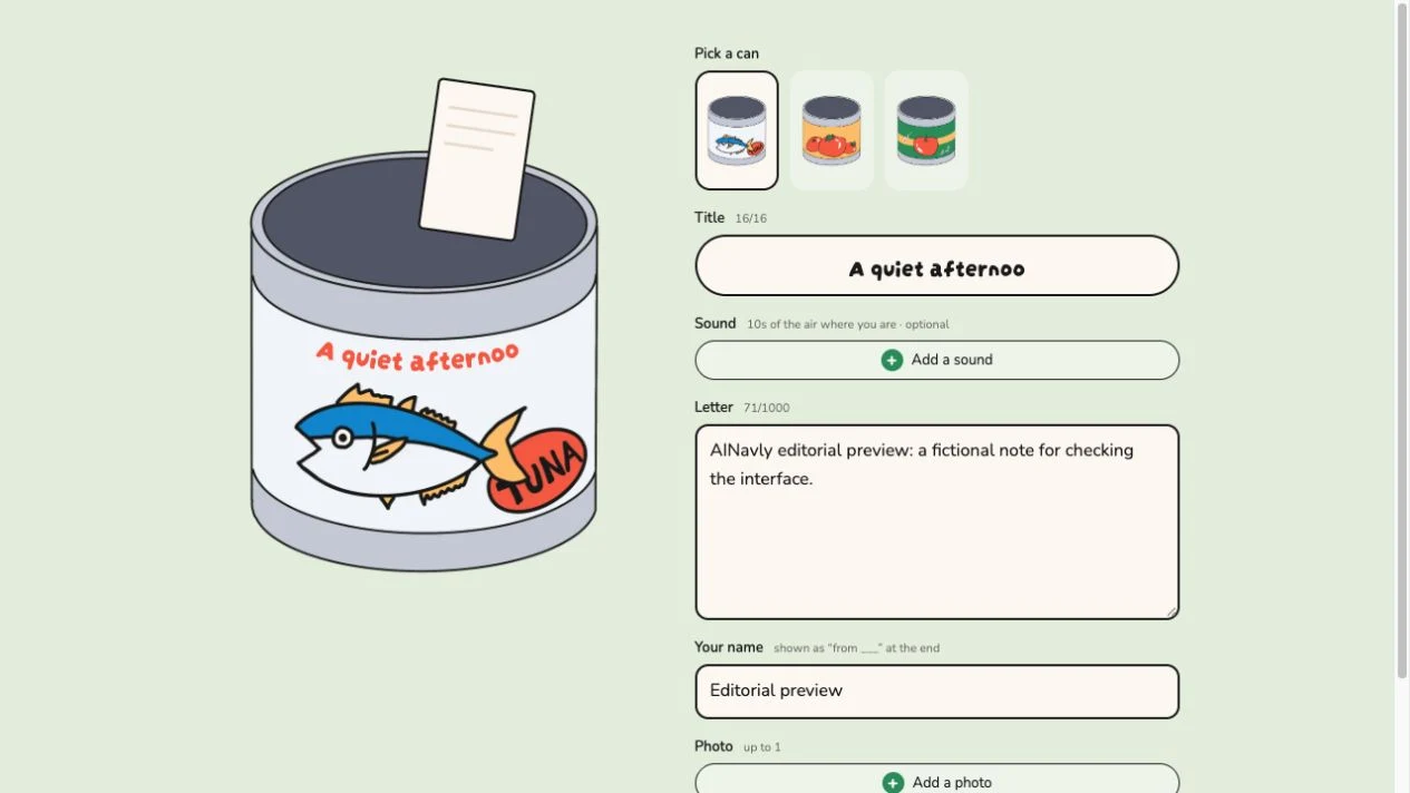 Canned Letter editor with tuna, tomato and apple designs, a title limit and fictional editorial text