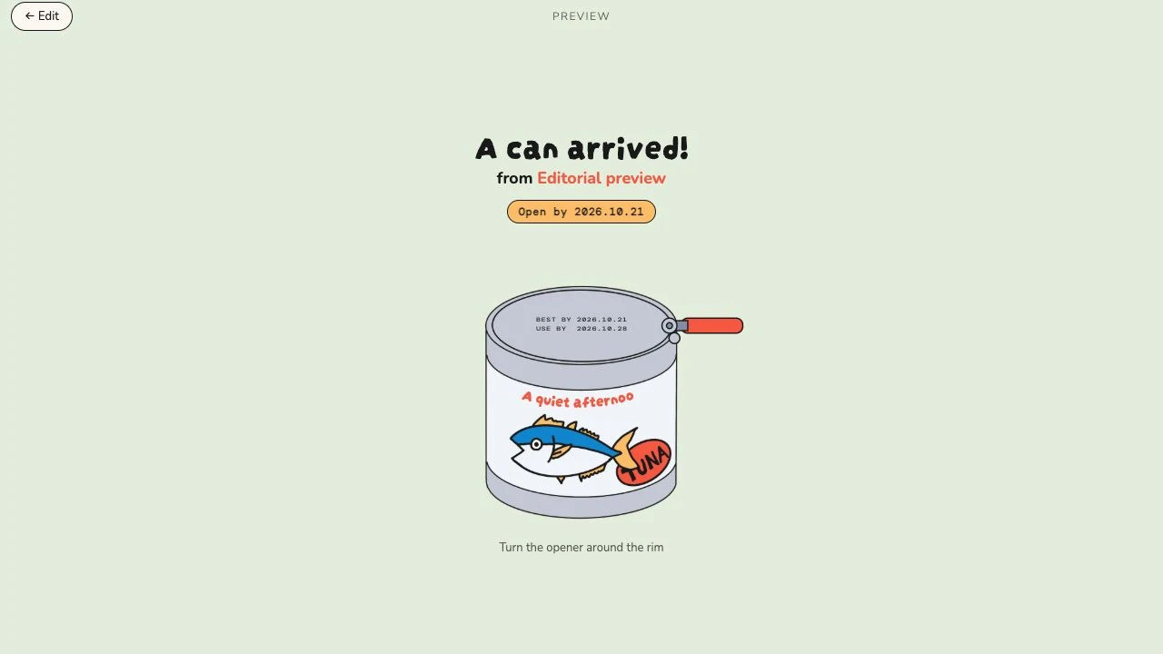 Canned Letter preview showing an illustrated can and an instruction to turn the opener around the rim