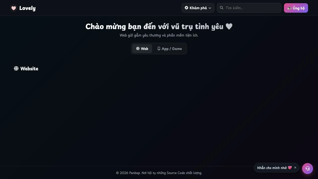 DevPan LoveLy landing screen with Vietnamese welcome text, search, Web and App / Game controls and an unpopulated Website section