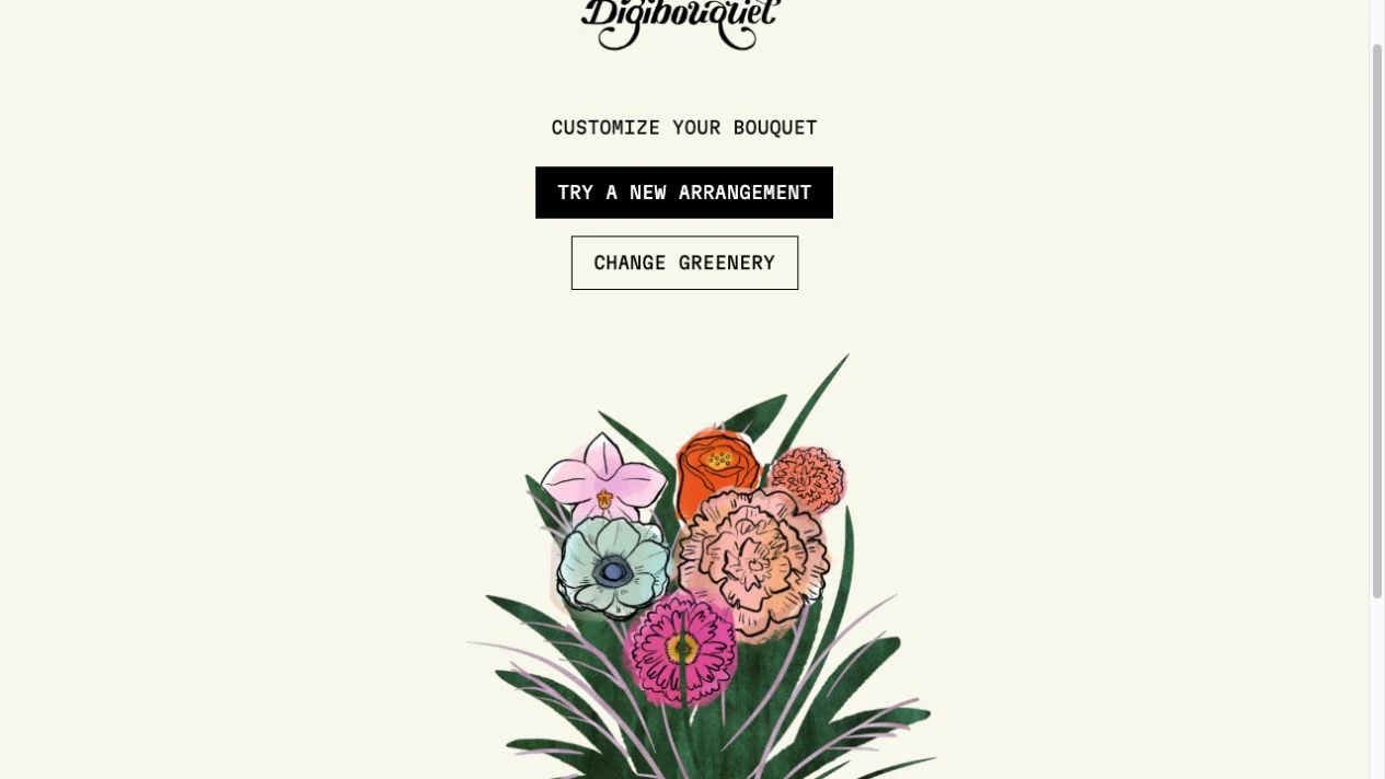 DigiBouquet color-mode customization screen with six selected illustrated flowers and arrangement and greenery controls