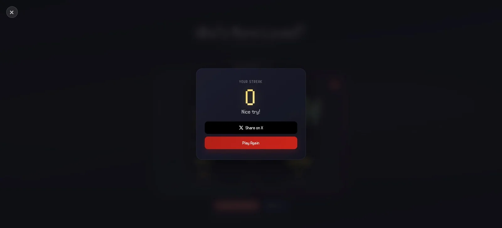 Game-over panel showing a zero streak, Share on X and Play Again controls