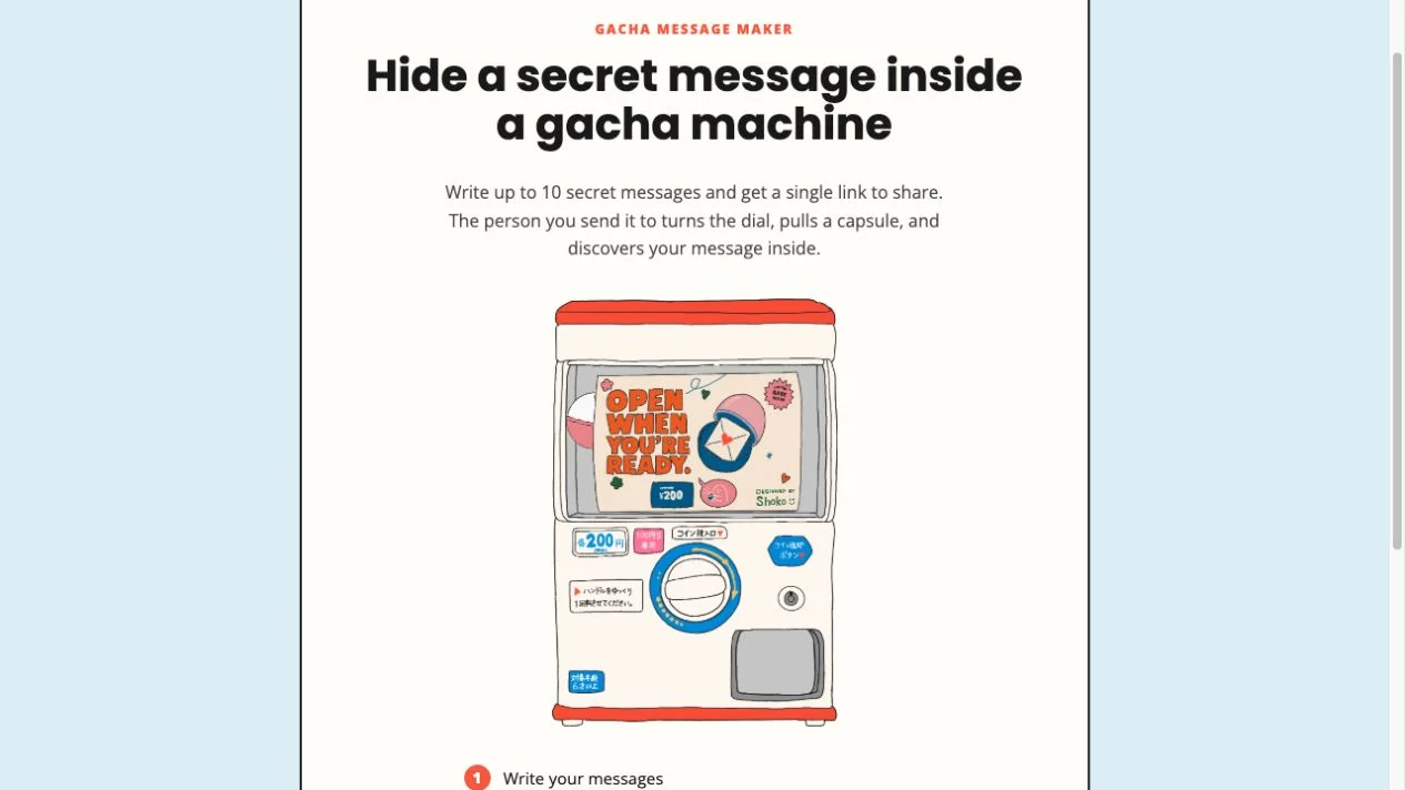 Gacha Message homepage with a hand-drawn capsule machine and instructions to write, preview and share secret messages
