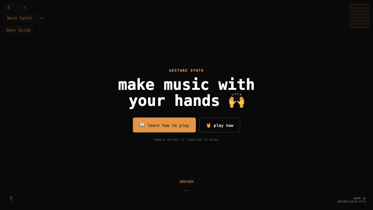 Gesture Synth entry screen with Learn how to play, Play now, camera requirement, and key and tone selectors