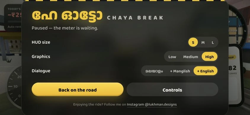 Hey Auto Chaya break pause panel showing HUD, graphics and dialogue settings