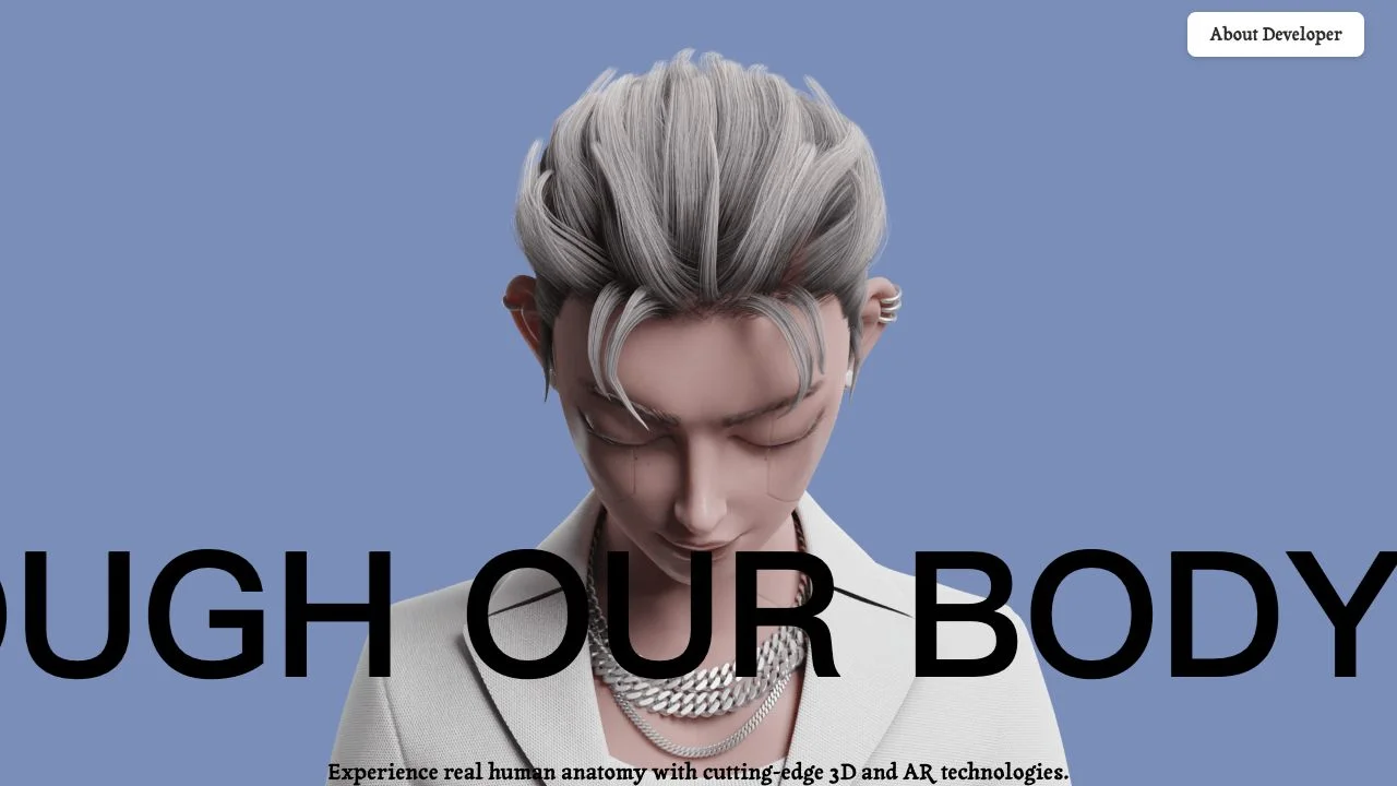 The separate 3D Human Atlas alternative homepage with a large human figure, Journey Through Our Body heading and About Developer button