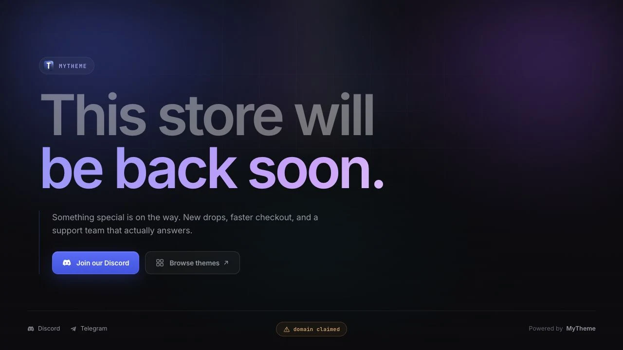 Current orxa.vercel.app destination showing MyTheme branding, a store holding message and a domain-claimed notice