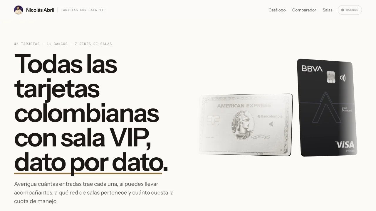 Tarjetas con sala VIP by Nicolás Abril homepage introducing Colombian card and lounge information