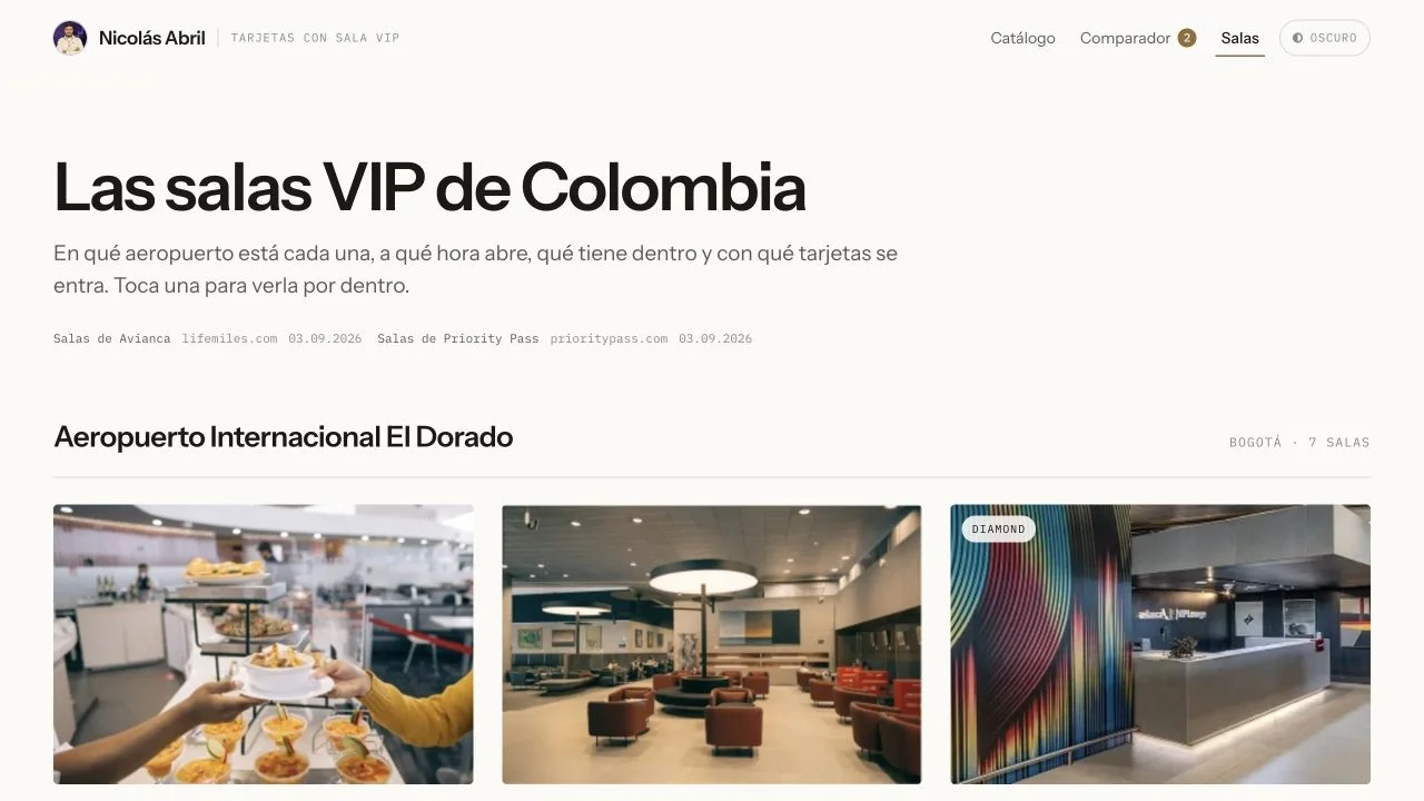 Colombian airport-lounge directory showing the El Dorado section and lounge imagery