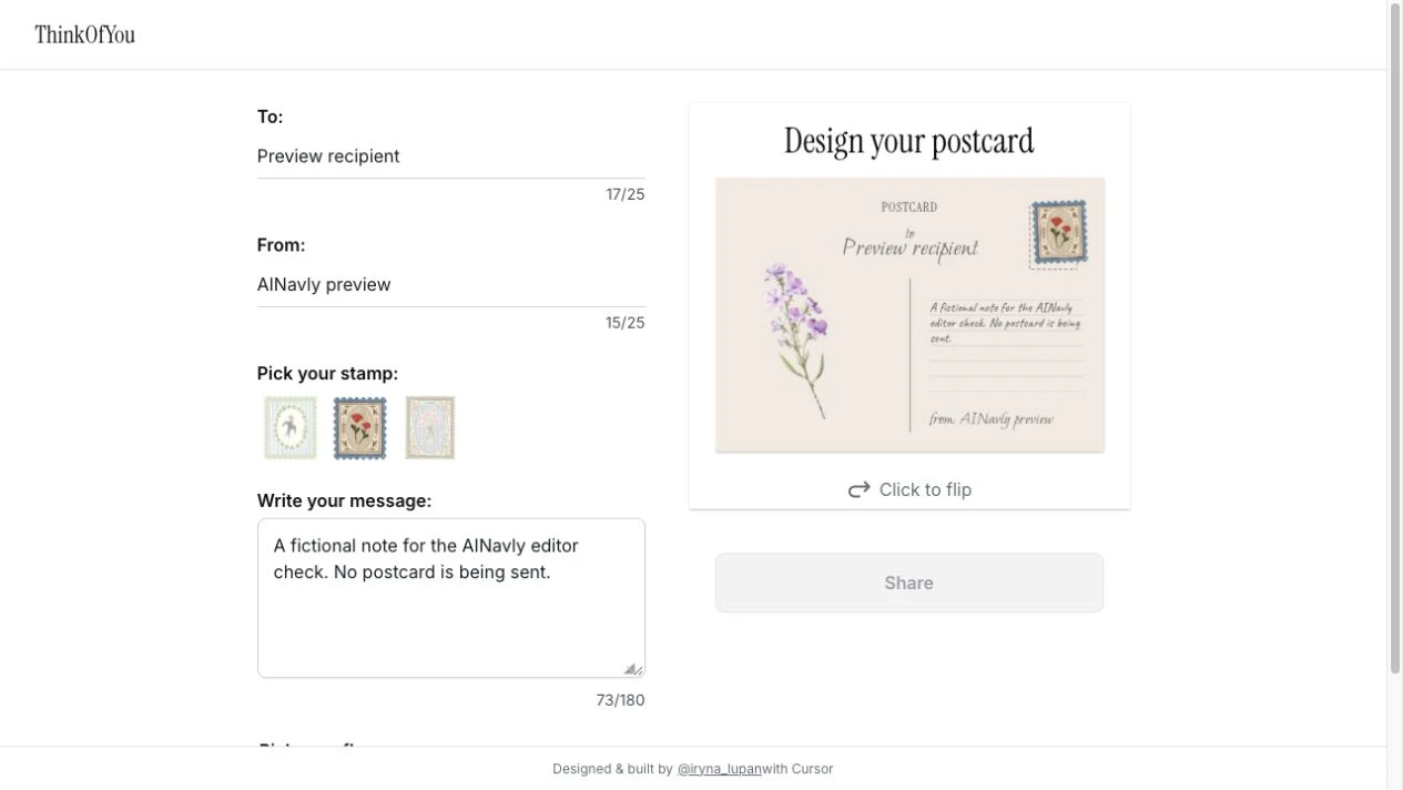ThinkOfYou postcard editor with fictional recipient and sender names, a short sample message, floral stamp and purple flower, with Share disabled