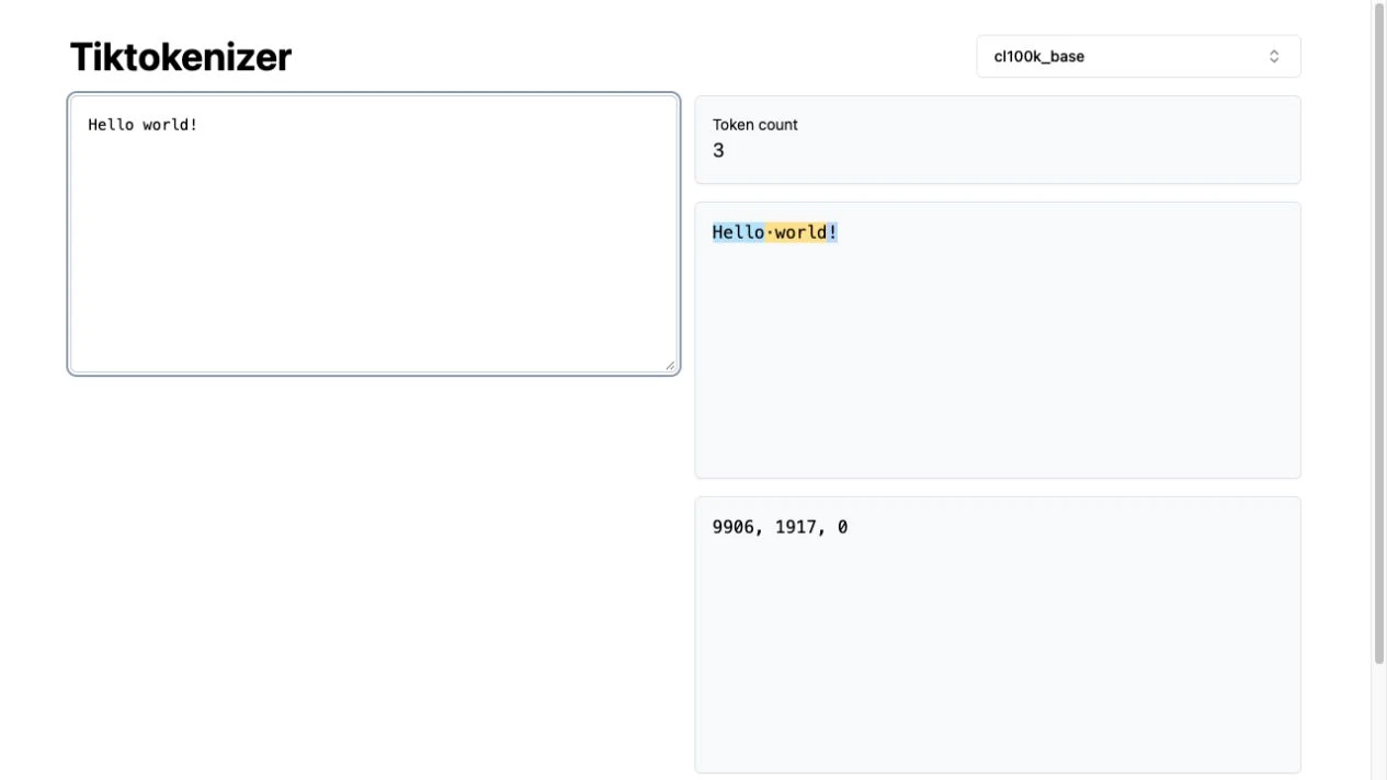 Tiktokenizer using cl100k_base to show Hello world! as three colored tokens with IDs 9906, 1917 and 0