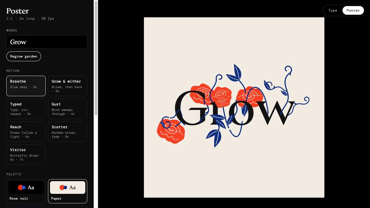 Type Garden Poster workspace showing Grow with red flowers and blue stems on the Paper palette, alongside motion controls